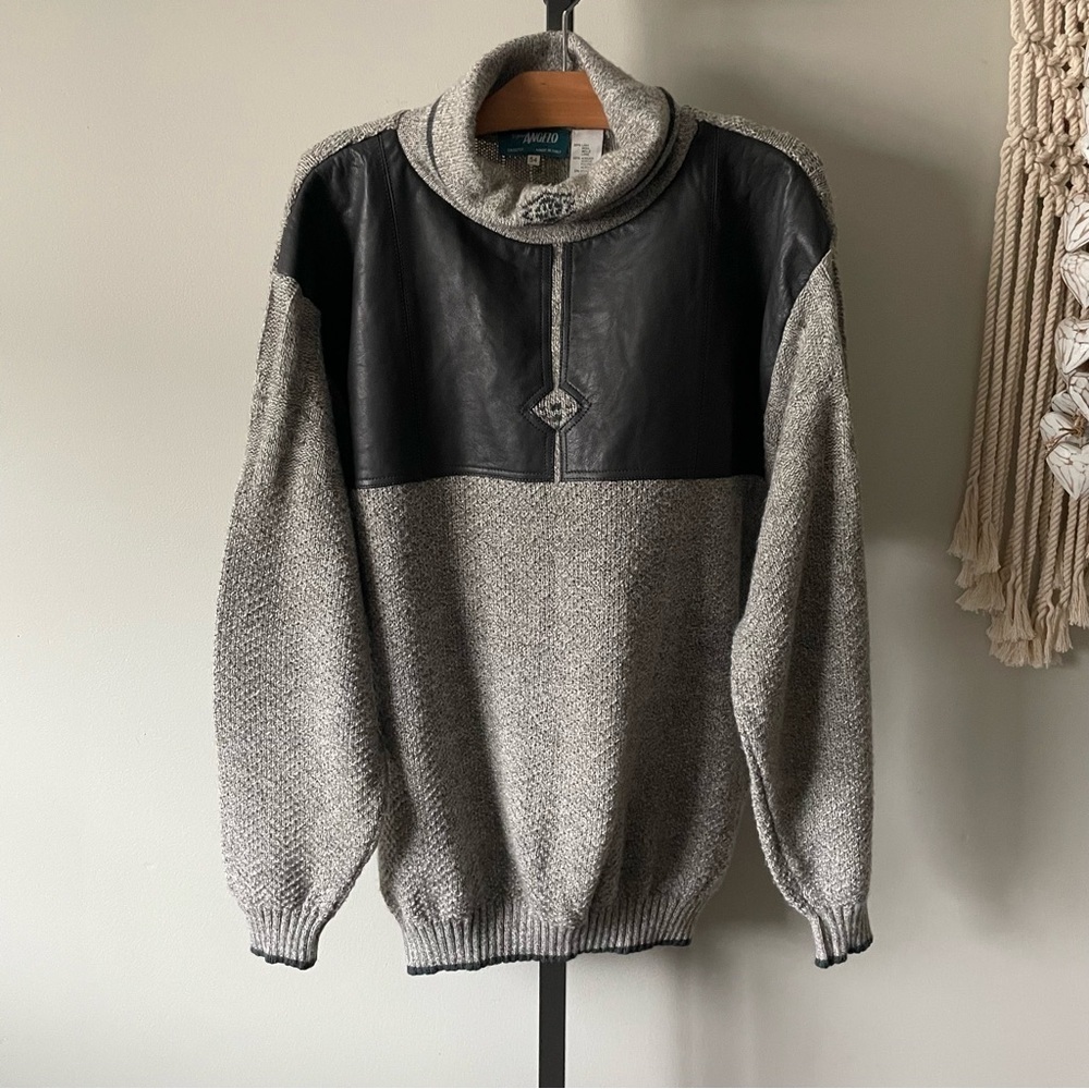 90s Vintage Signor Angelo Italy Euro Wool Leather Turtlenexk Knit Sweater Mens